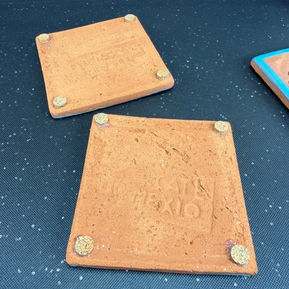 Tecate Mexico Kokopelli Terracotta Tiles Set of 4 Turquoise Orange 4in Coasters
